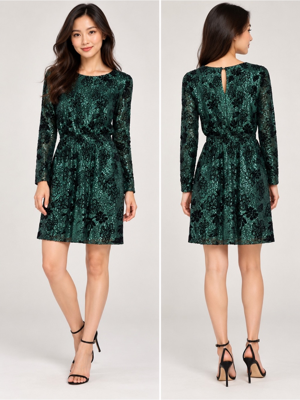 DEAR JOHN Green Sequin Velvet Floral Burnout Keyhole Mini Dress - Size XS